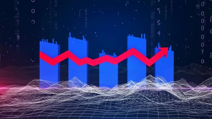 Poster - Blue columns show growth with rising red arrow on digital wireframe above dark blue background with falling code. Abstract financial progress concept.