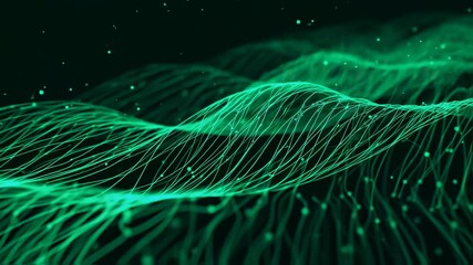 Poster - Green luminous lines flow across dark background. Glowing particles move over curved forms. Digital network concept. Abstract lines pattern undulating gracefully.