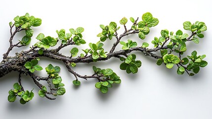 Beautiful fresh green tree branch with leaves on a bright white background artistic image