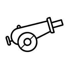 Poster - A simple line drawing of a black cannon with wheels on a white background is presented here