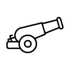 Poster - a simple graphic of a cannon with a thick outline and a wheel shown in side view on white background