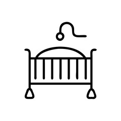 Poster - A simple graphic of a baby bed with a mobile hanging above it in a minimalist style design element