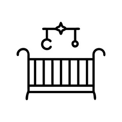 Poster - A simple outline drawing of a baby crib with a mobile hanging above it in black and white style