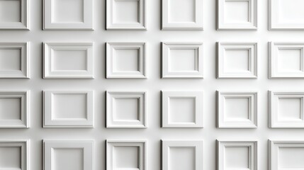 Fototapete - White rectangular frames hanging symmetrically on pristine wall, forming minimalist geometric pattern with subtle depth and visual interest