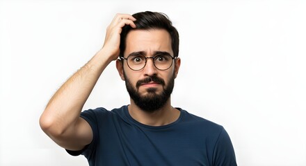 portrait of confused man with hand on head wearing trendy round glasses on white background