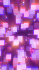 Poster - abstract glowing cubes and pixel shapes in motion, forming a vibrant digital tunnel in pink and purp