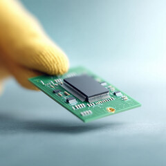 Poster - Hand holding a green circuit board with a microchip. Represents technology, engineering, innovation, and the future. Ideal for tech articles, website banners.
