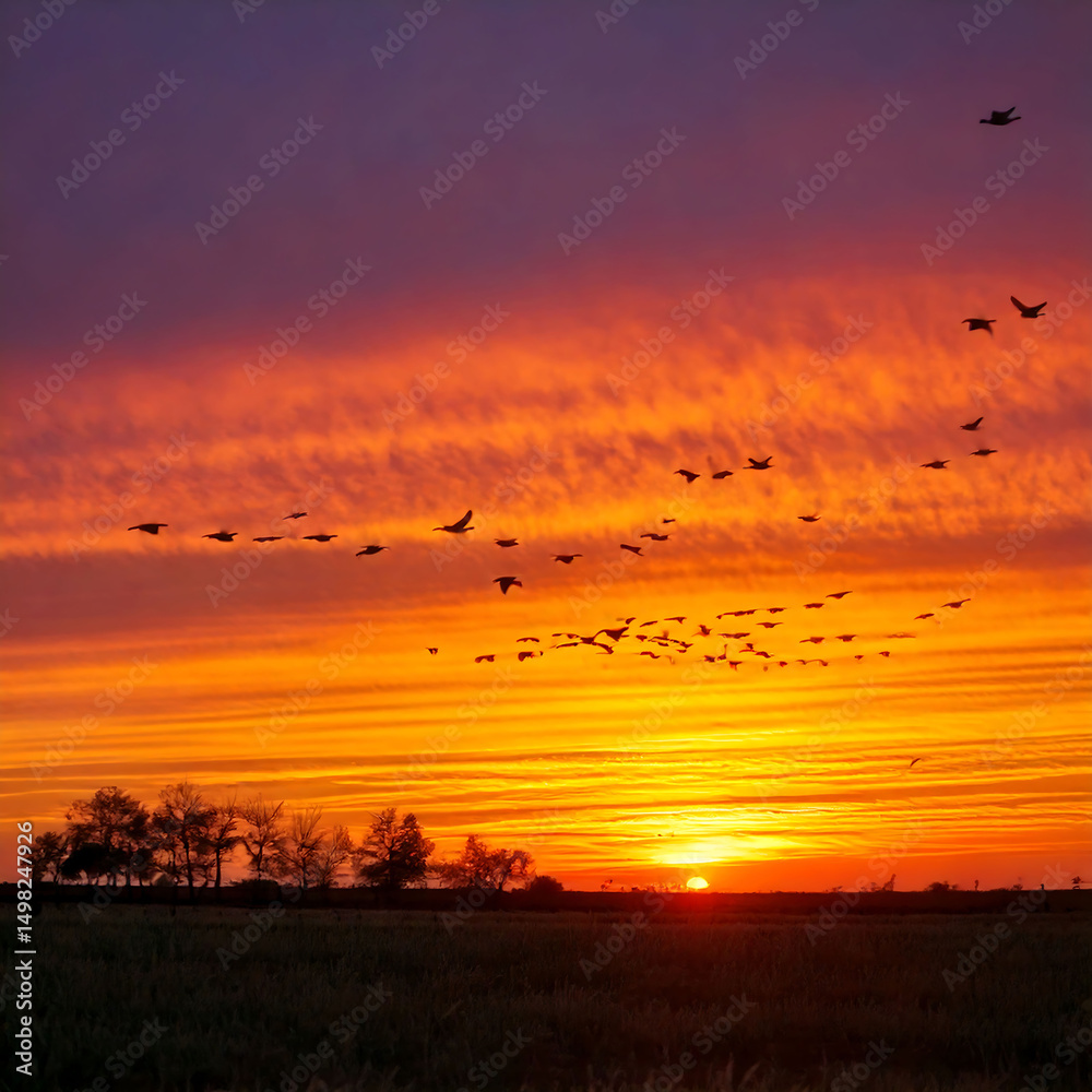 Fiery sunset with birds silhouetted against a vivid orange and purple sky. Evokes themes of freedom, migration, and natural beauty. Perfect for inspirational or travel related projects.