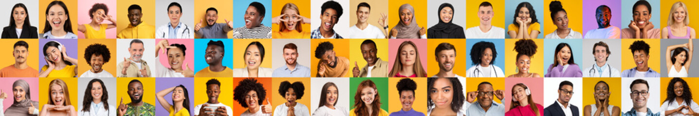 Poster - A vibrant collage features smiling individuals from various backgrounds, highlighting the beauty of diversity in expressions and lifestyles. This portrait collection celebrates diversity.