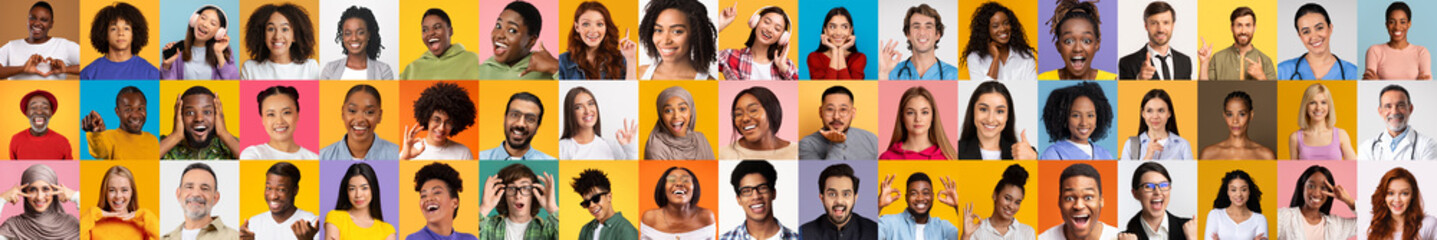 Poster - A colorful collection showcases a variety of smiling individuals from different backgrounds. Each portrait reflects joy and the beauty of diversity in modern society.