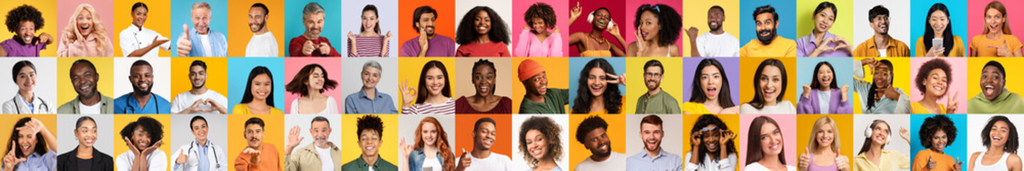 Poster - A lively collection of portraits featuring diverse individuals showcasing happiness across various backgrounds and lifestyles. The collage captures diverse expressions of joy and togetherness.