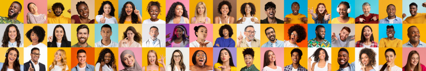 Poster - A vibrant collection showcases diverse individuals smiling and expressing joy against bright backgrounds. This portrait collage highlights a mix of cultures and backgrounds that radiate positivity.