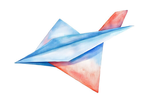 Handmade folded paper plane watercolor drawing. One single object, side view. Handdrawn water color graphic painting on white backdrop, cutout clipart element for creative design, print, decoration.