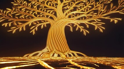 Poster - Abstract golden glowing tree with intricate branching roots system and dark background showcasing connectivity and growth with an artistic aesthetic