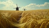 Windmills Overlook Golden Wheat Field Under Sky with Soft Clouds