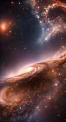 Wall Mural - a close up view of the center of a galaxy showing swirling dust and gas illuminated by the light of 