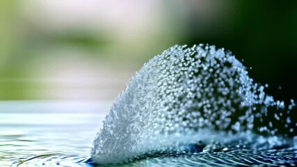 Poster - Macro shot of refreshing water droplets cascading into a pool, rippling the surface with reflections and creating mesmerizing textures.