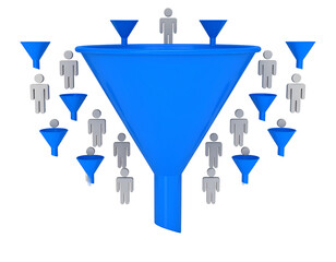 Poster - A 3D funnel visualizes customer journey stages, from wide reach to narrow conversion