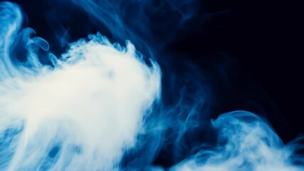 Poster - Wispy blue smoke swirling and rising in a dark space, creating an ethereal and abstract flowing background texture pattern.