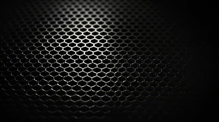 Poster - Close up of a black metal mesh with a dark background. The mesh is made up of small squares that are all the same size. The image has a moody and mysterious feel to it, as the dark background
