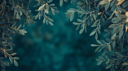 Poster - Close up of green leaves with a blue background. The leaves are in a frame and the background is a deep blue color