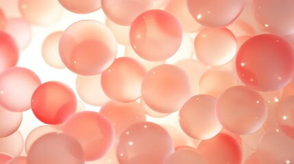 Fototapete - Close up of many pink spheres. The spheres are all different sizes and are scattered throughout the image. Scene is one of playfulness and whimsy, as the spheres seem to be floating in the air