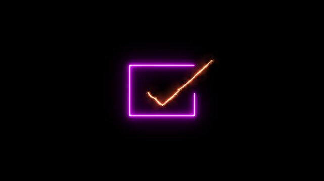 neon glowing check mark icon animation select right yes sign checkbox confirm success correct animated.checkmark  inside a circle animated. glowing neon line check mark animation4k