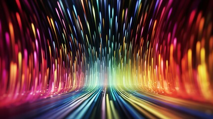 Poster - Colorful, rainbow-colored light show with a long, curving line of lights. The lights are arranged in a way that creates a sense of movement and energy. Scene is one of excitement and wonder