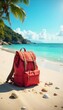 © Som - A lone backpack sits on a sun-drenched beach, seashells scattered nearby, symbolizing carefree travel and blissful relaxation The perfect escape from everyday life , warmth, tranquility, freedom