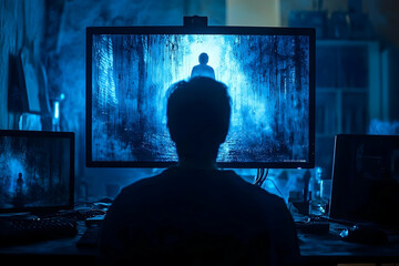 Fototapete - Person engrossed in a computer  with a captivating blue screen display.