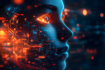 Poster - Digital representation of a face with glowing circuitry.