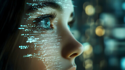 Poster - Close-up profile of a person's face with digital code overlay.