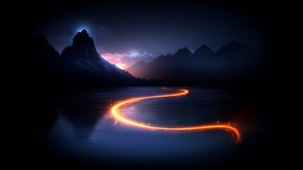 Aufkleber - Mountain range is reflected in the water. The sky is orange and the mountains are in the background