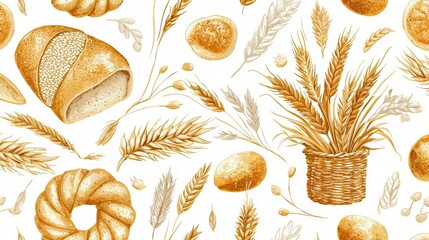 Poster - Pattern of bread and grains with a basket of wheat in the middle. The bread and grains are arranged in a way that creates a sense of abundance and nourishment