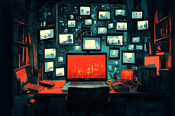 Fototapete - A room filled with screens, illuminated by a warm glow.
