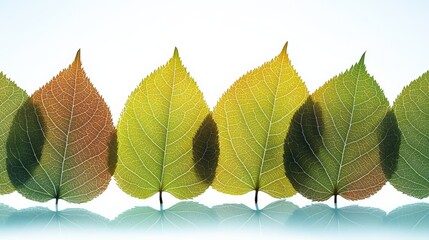 Poster - Row of leaves with some of them being green and some of them being brown. The leaves are arranged in a line and are reflected in the water