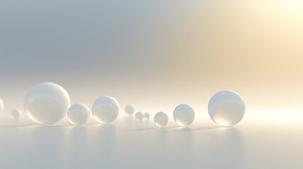 Leinwandbilder - Series of white spheres are arranged in a row on a white background. Concept of order and simplicity, with the white spheres standing out against the plain background