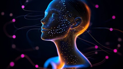 Fototapete - Woman's face is shown in a computer generated image with a lot of dots surrounding her. The image has a futuristic and abstract feel to it, with the dots representing the woman's features