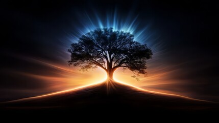 Aufkleber - Tree is the main focus of this image, with a bright blue and orange glow surrounding it. The tree is surrounded by a dark background, which creates a sense of depth and contrast