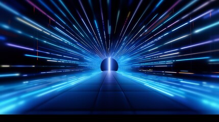 Fototapete - Tunnel with a bright blue light at the end. The tunnel is long and narrow, with the light shining through it, creating a sense of depth and mystery