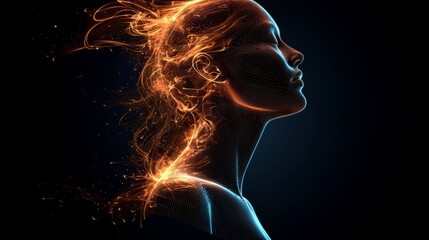 Leinwandbilder - Woman's face is shown in a black background with orange flames surrounding her. Concept of chaos and destruction, as the flames seem to be engulfing the woman's face. The use of bright orange