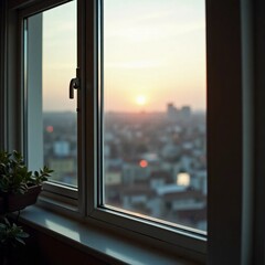 Poster - Golden light spills through a large window as the sun sets behind a vibrant cityscape. The horizon glows with hues of orange and pink, creating a peaceful evening atmosphere Generative AI