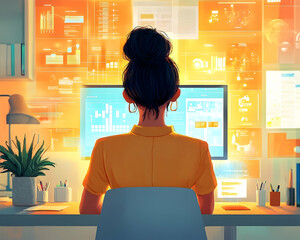 Fototapete - Woman working at a computer with holographic displays.