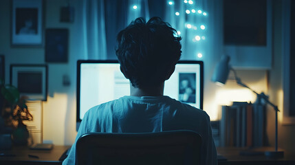 Fototapete - Person working late at night in a home office.