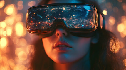 Poster - Close-up of a person wearing virtual reality glasses.