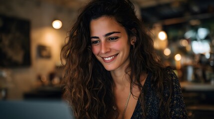 Naklejka na meble Smiling woman with curly hair looking at a laptop screen in a softly lit indoor environment scene