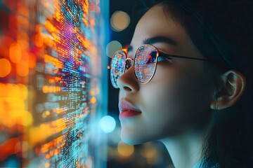 Poster - Close-up of a person looking at a glowing screen displaying code.