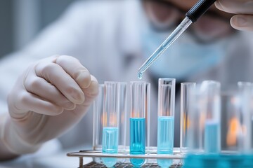 Aufkleber - Close up of scientist carefully dripping blue liquid into test tube using pipette, conducting experiment in laboratory setting