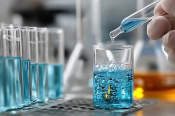 Poster - Gloved hand using pipette to drip blue liquid into beaker, creating bubbles, with test tubes in the background, in a laboratory setting