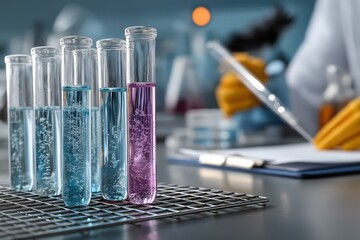 Aufkleber - Test tubes filled with vibrant blue and purple chemicals are being analyzed by a scientist in a high tech laboratory setting